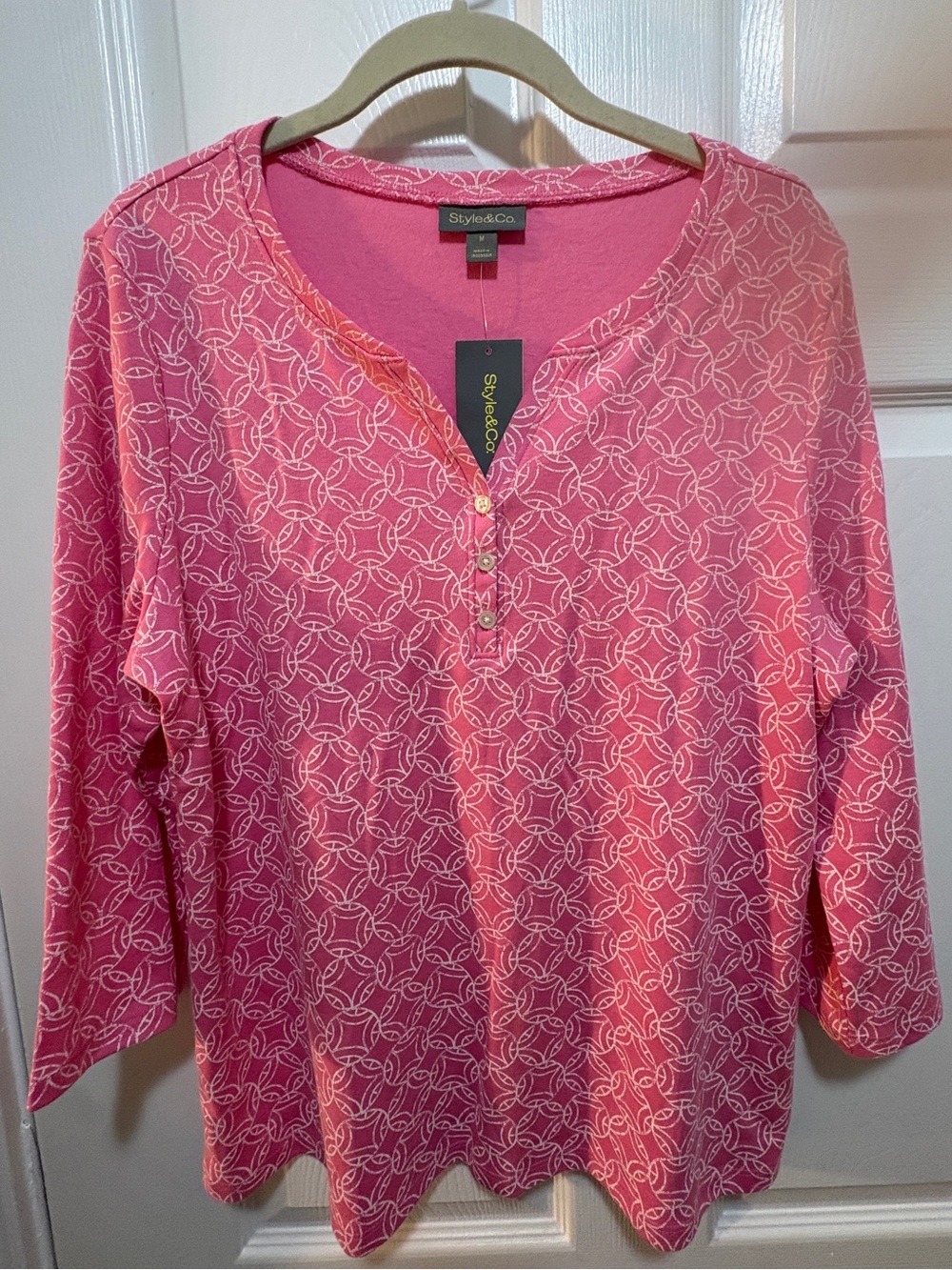 Style & Co. Pink Geometric Henley Long Sleeve Top